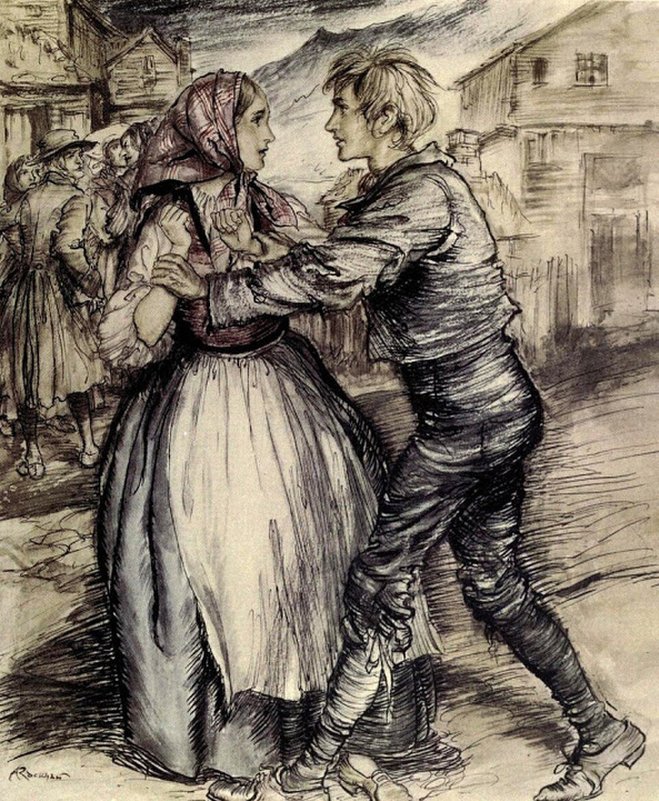 Arthur Rackham's drawing of Peer Gynt and Solveig meeting at the Hegstad wedding.