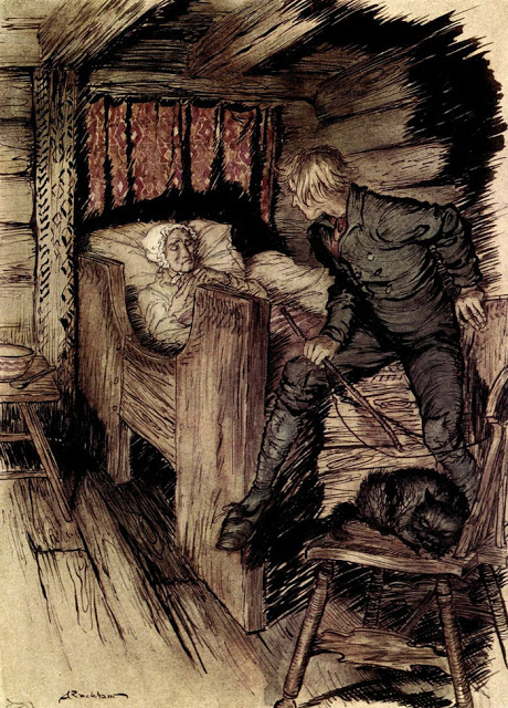 Arthur Rackham's drawing of Peer leaning over his mother Åse as she lies dying in a box-bed, a cat curled on a chair beside them.