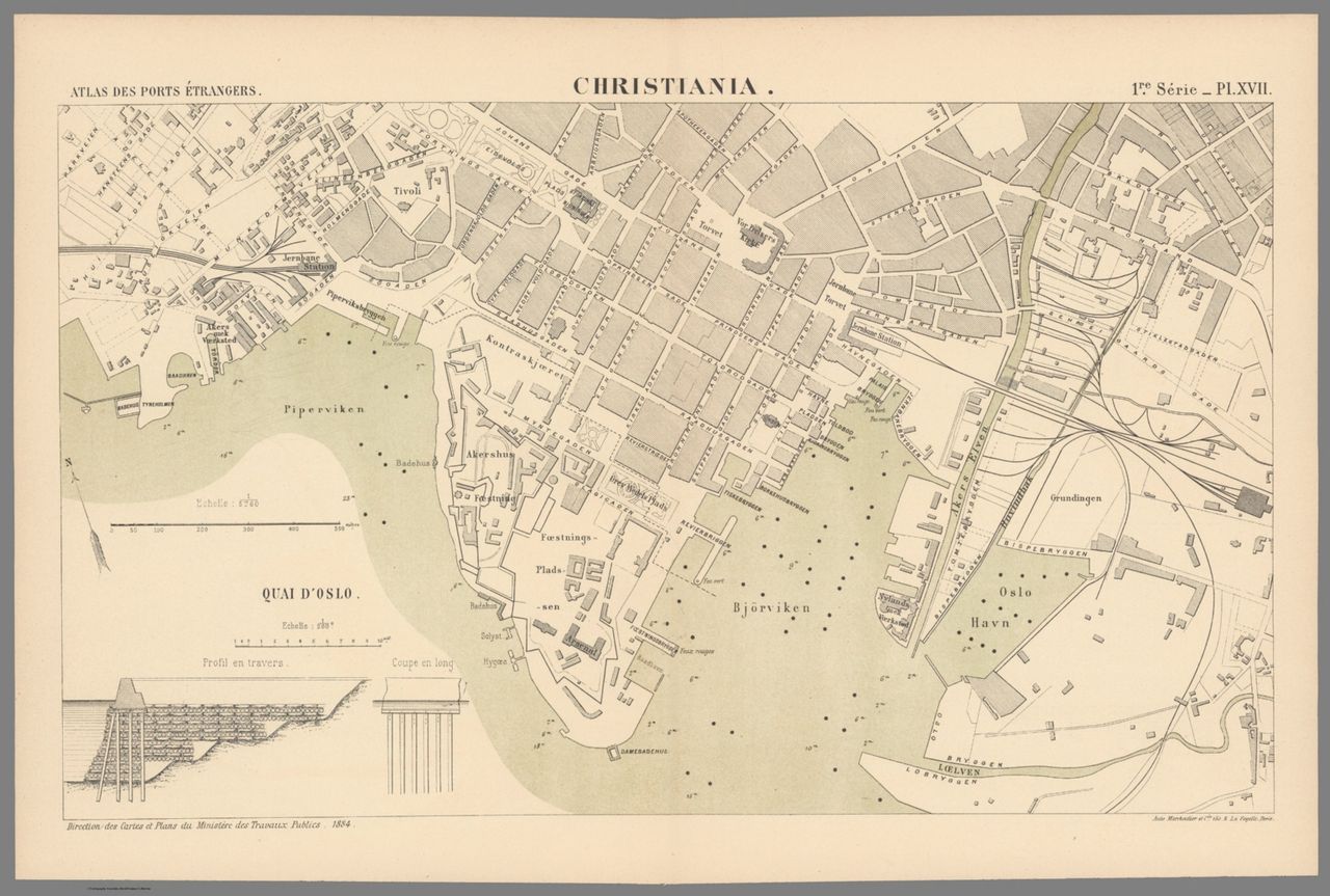 Historical map of Christiania, now Oslo.